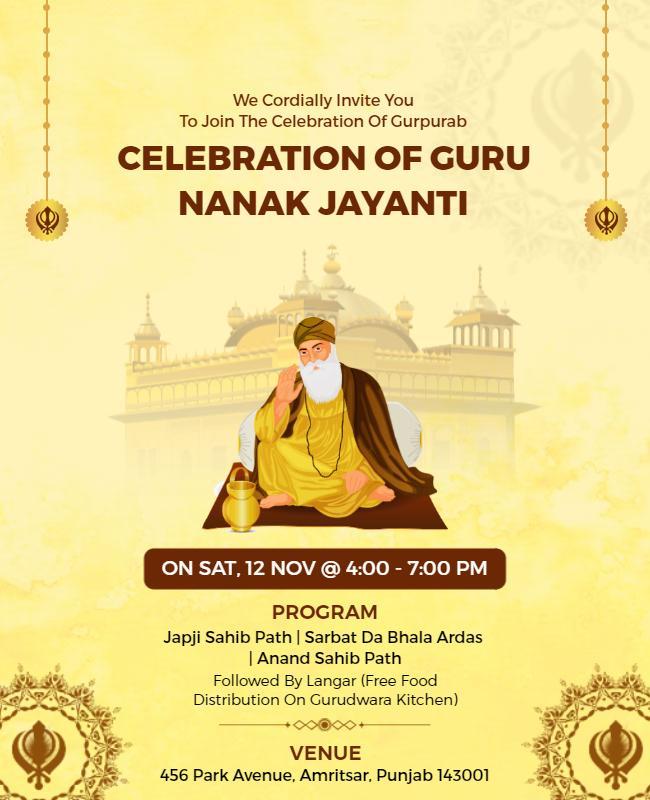 Spiritual Golden Guru Nanak Jayanti Celebration Poster Template