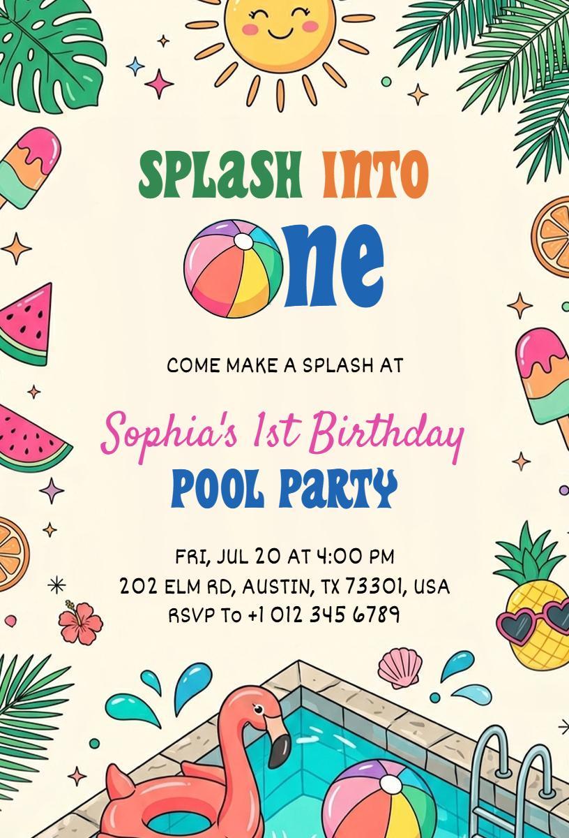 Splash Into One Colorful Pool Party Invitation Template