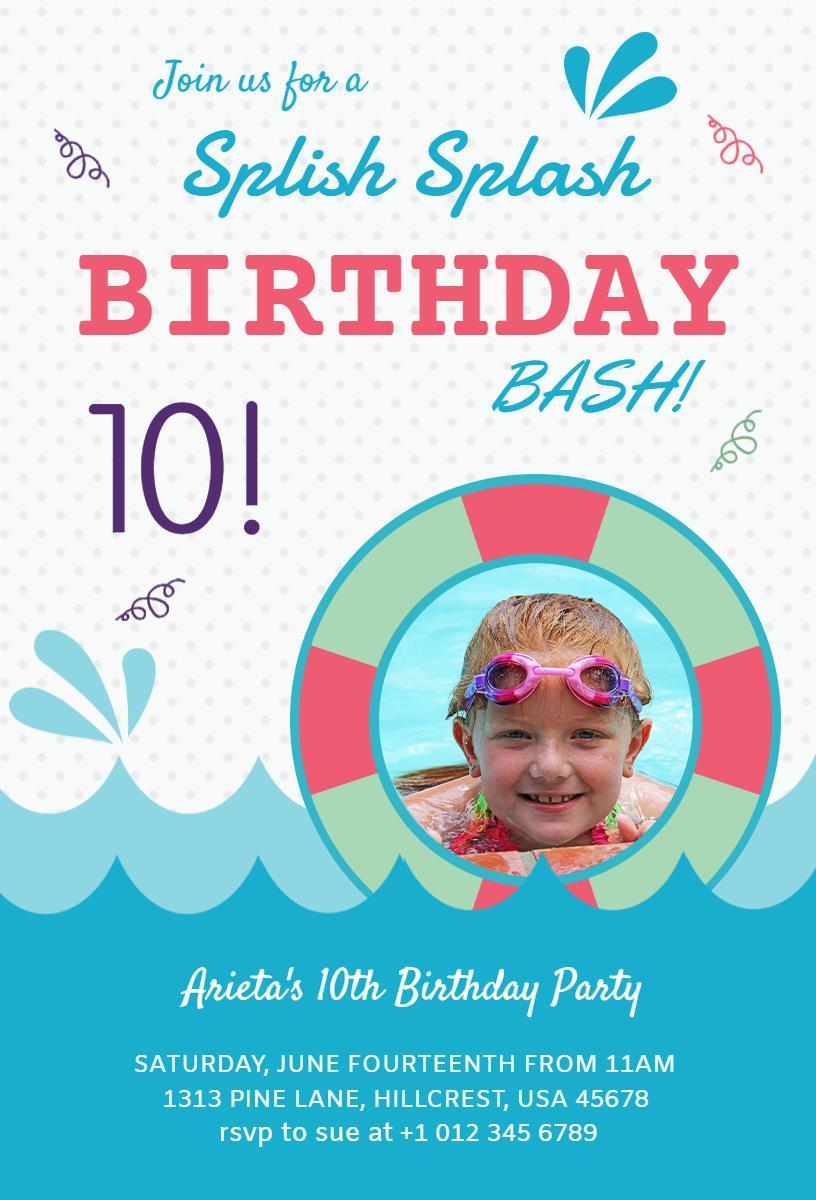Splish Splash Colorful Pool Party Birthday Invitation Template
