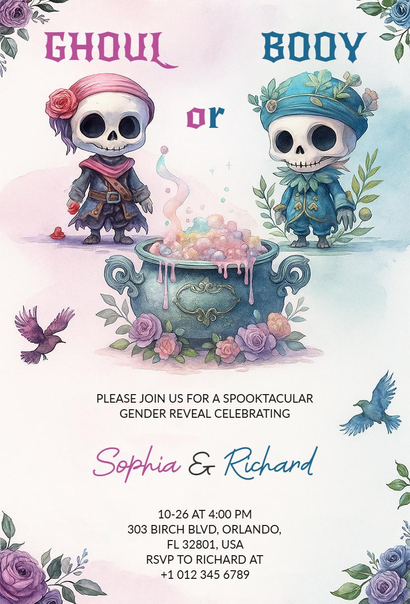 Spooktacular Ghoul or Boo Halloween Gender Reveal Invitation Template