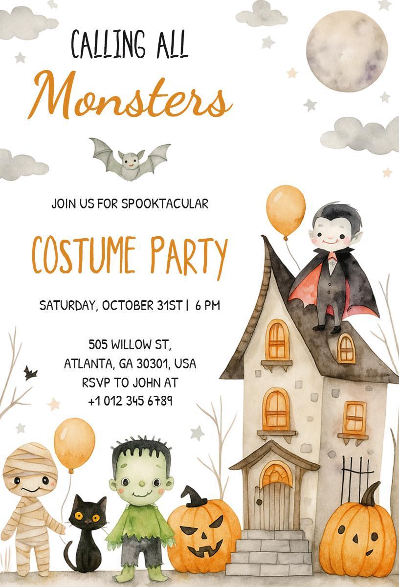 Spooktacular Halloween Monster Costume Party Invitation Template
