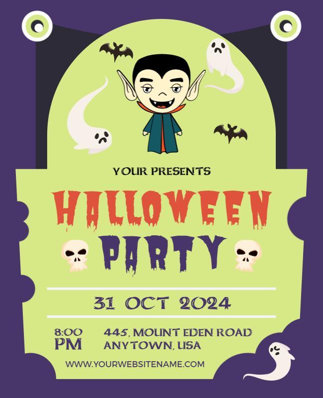 Spooky Cartoon Halloween Party with Ghosts and Bats Poster Template