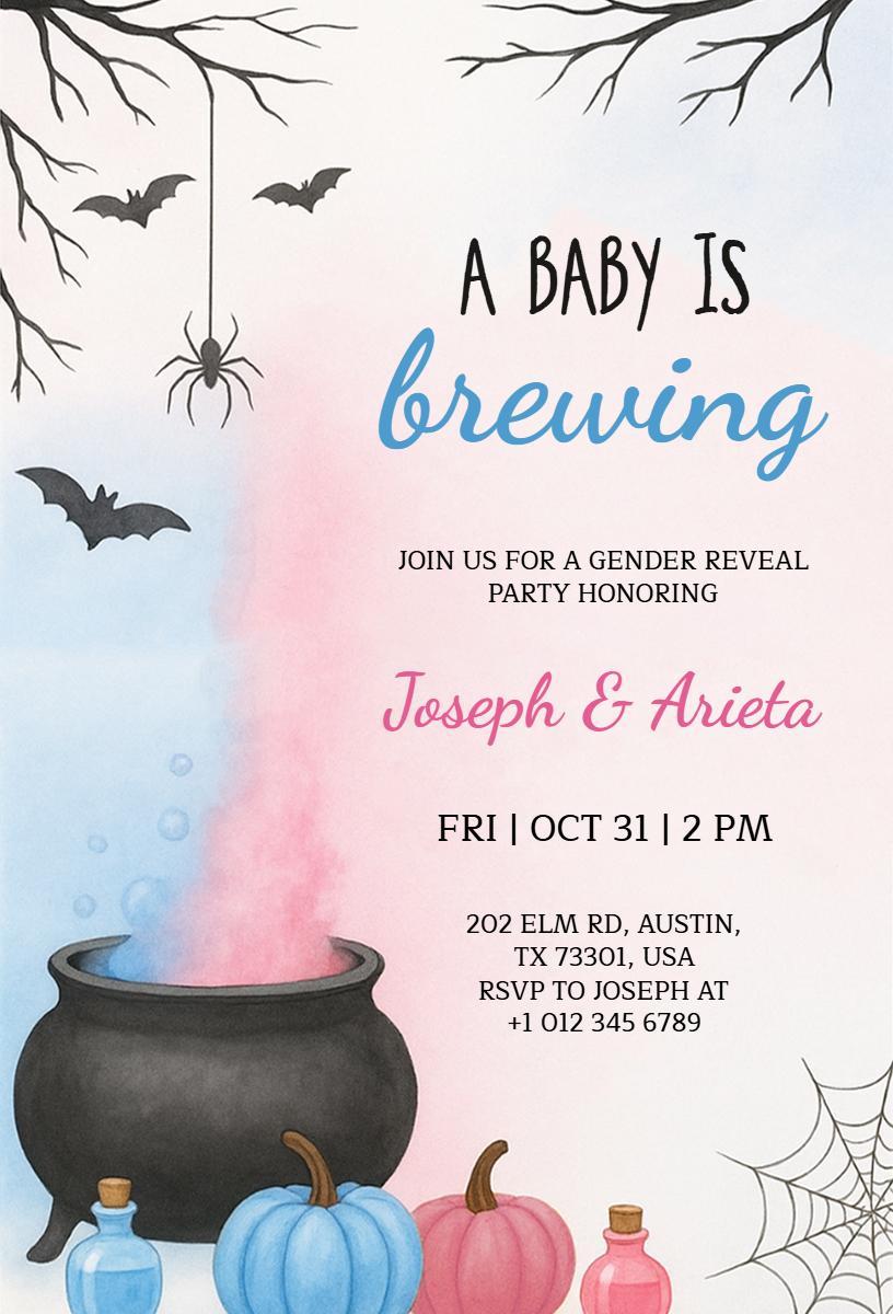 Spooky Cauldron Halloween Gender Reveal Celebration Invitation Template