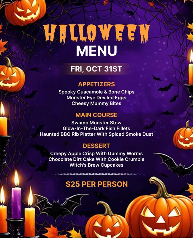 Spooky Halloween Dinner Menu with Pumpkins Flyer Template