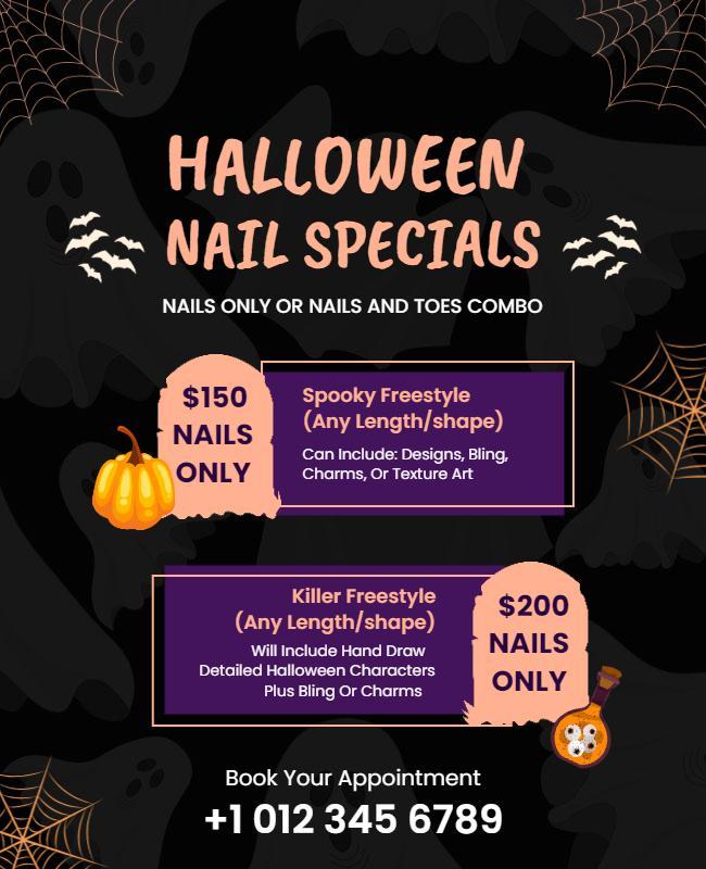 Spooky Halloween Nail Specials poster with Pumpkin Design Poster Template