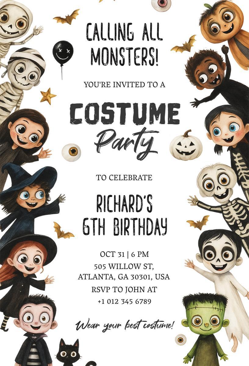 Spooky Monster Theme Halloween Costume Party Invitation Template