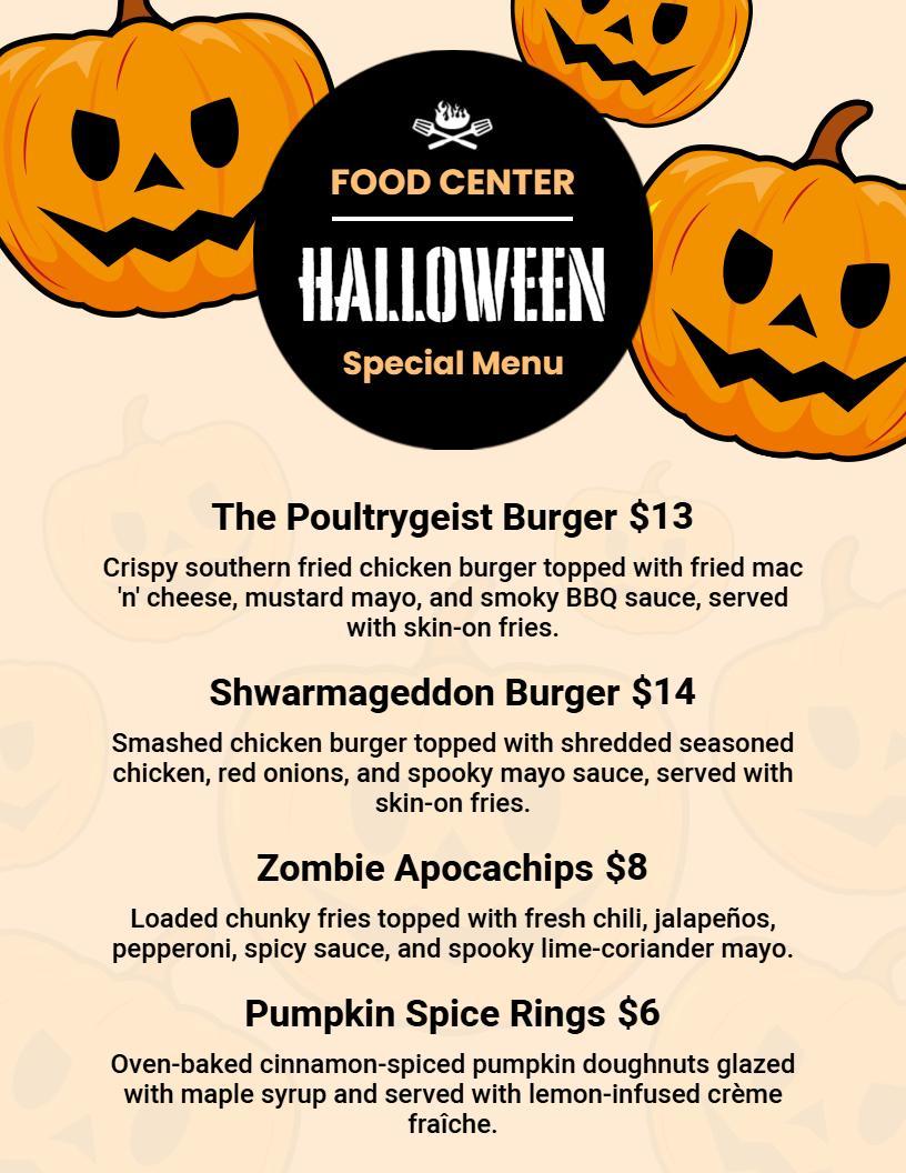 Spooky Pumpkin Themed Halloween Restaurant Menu Template