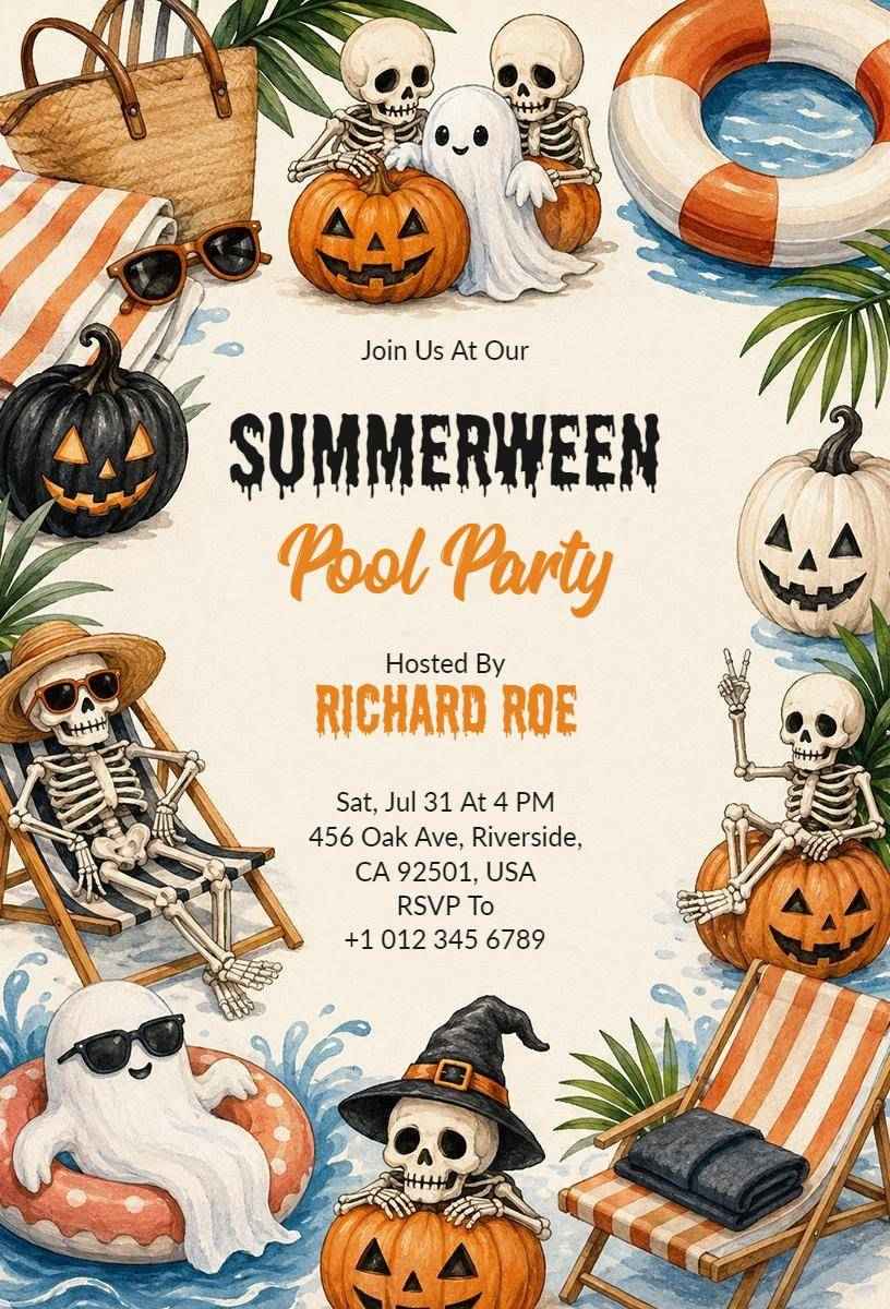 Spooky Skeleton Summerween Pool Party Invitation Template