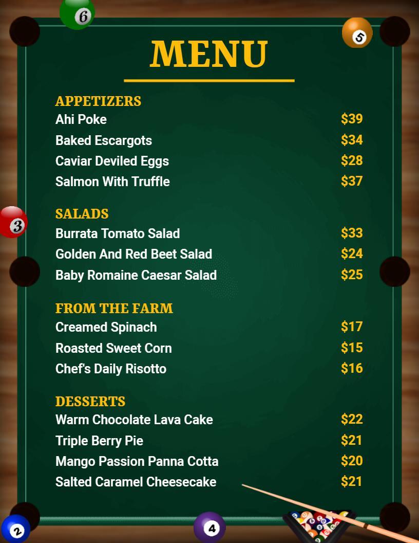 Sports Bar Billiards Inspired Elegant Dinner Menu Template