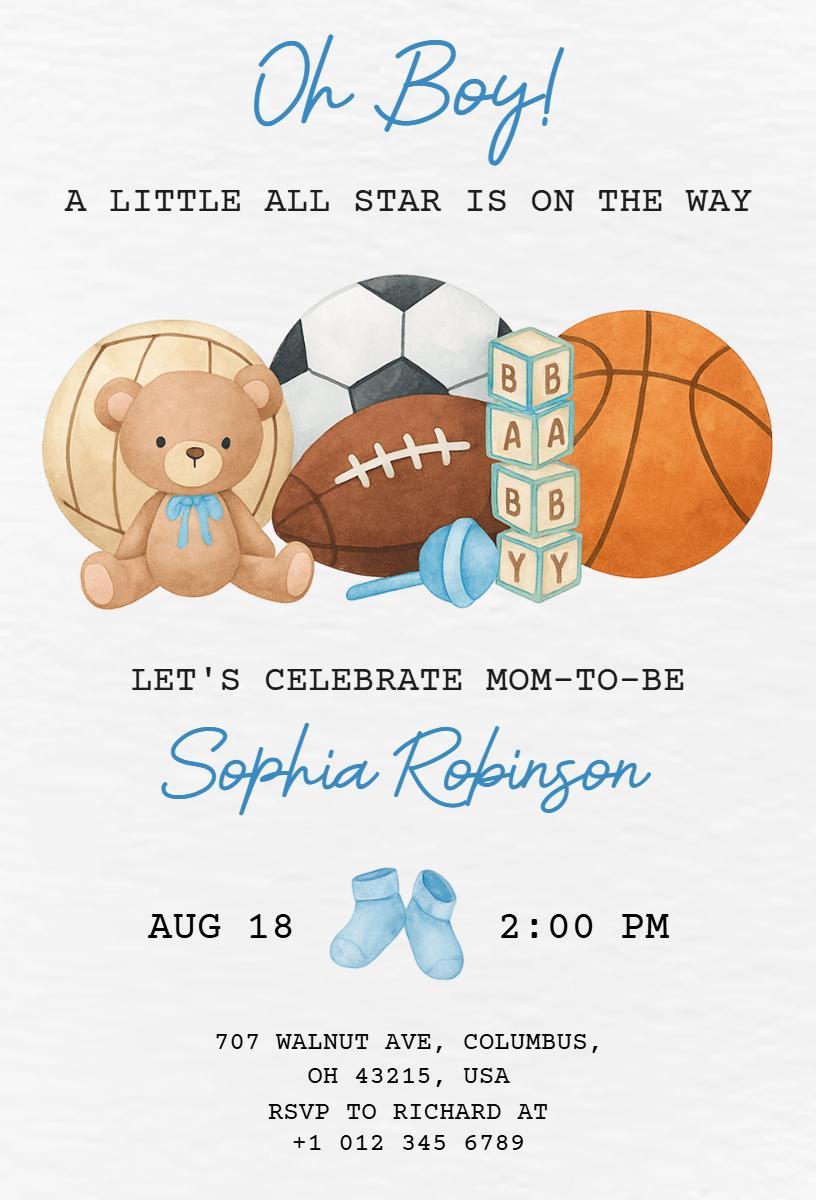 Sporty All-Star Baby Shower Celebration Invitation Template