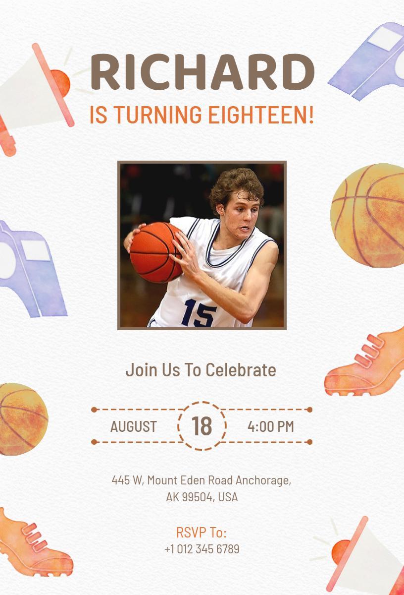 Sporty Basketball Themed Eighteenth Birthday Invitation Template