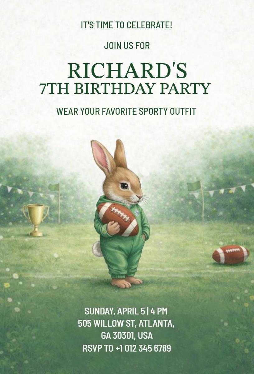 Sporty Bunny Themed 7th Birthday Celebration Invitation Template