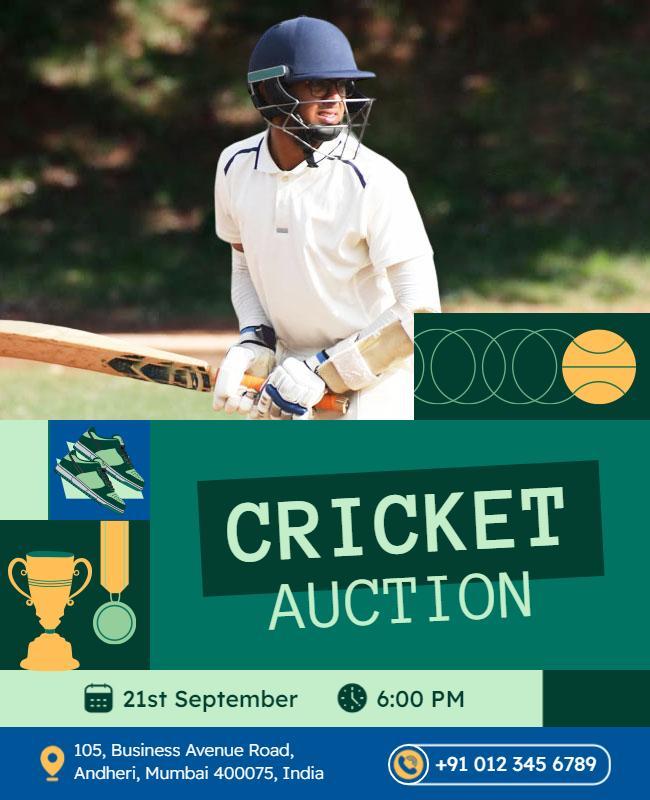 Sporty Green Cricket Auction Event Poster Template