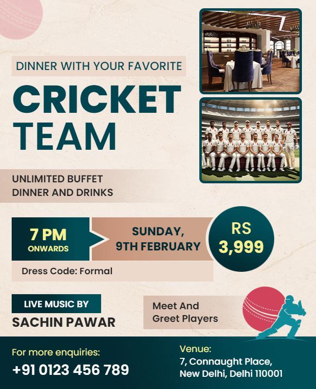 Sporty Green Cricket Team Dinner Event Poster Template