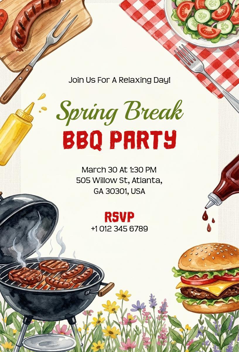 Spring Break Festive BBQ Party Celebration Invitation Template