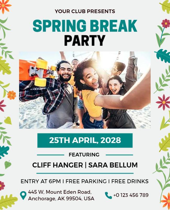 Vibrant Floral Spring Break Party Celebration Flyer Template