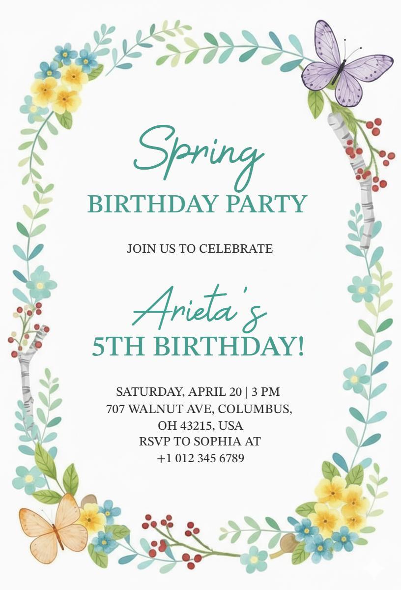 Spring Floral 5th Birthday Celebration Invitation Template