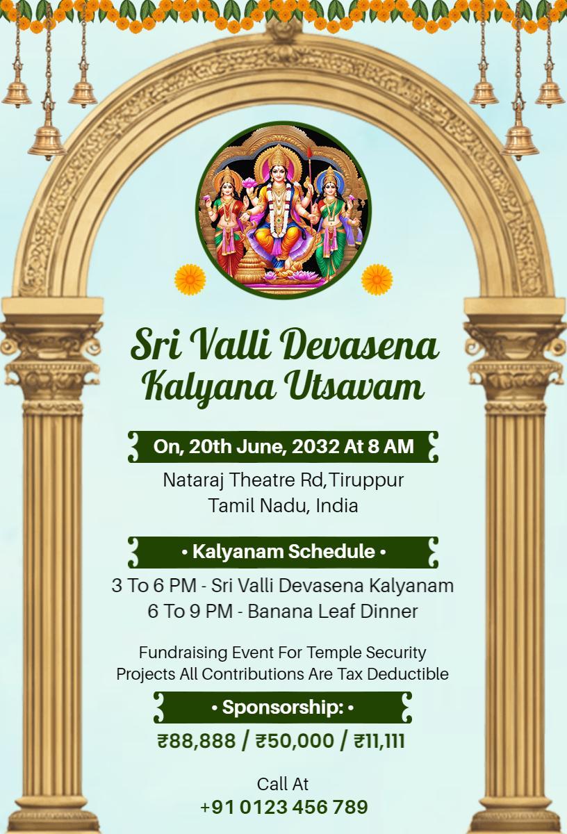 Sri Valli Devasena Kalyana Utsavam Temple Celebration Invitation Template