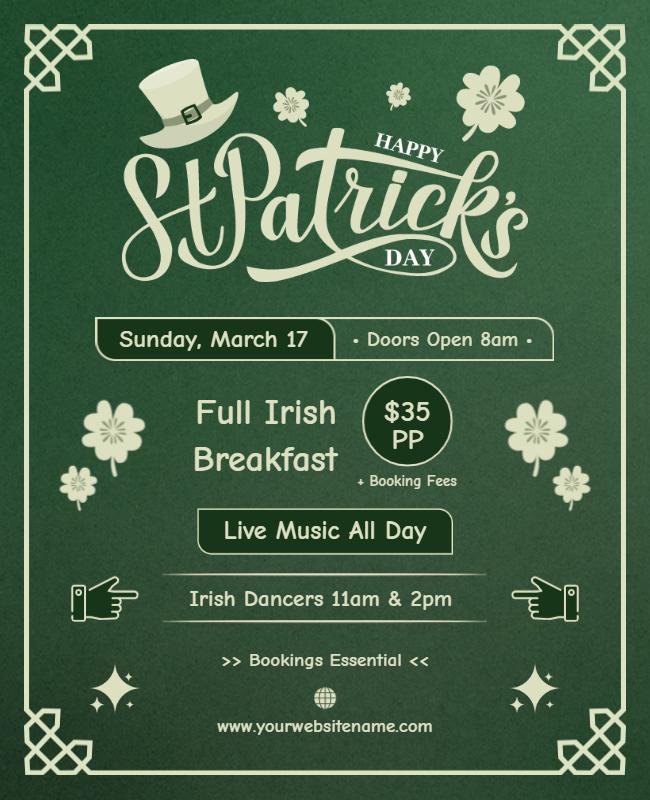 Lively Green St. Patrick's Day Breakfast and Music Flyer Template