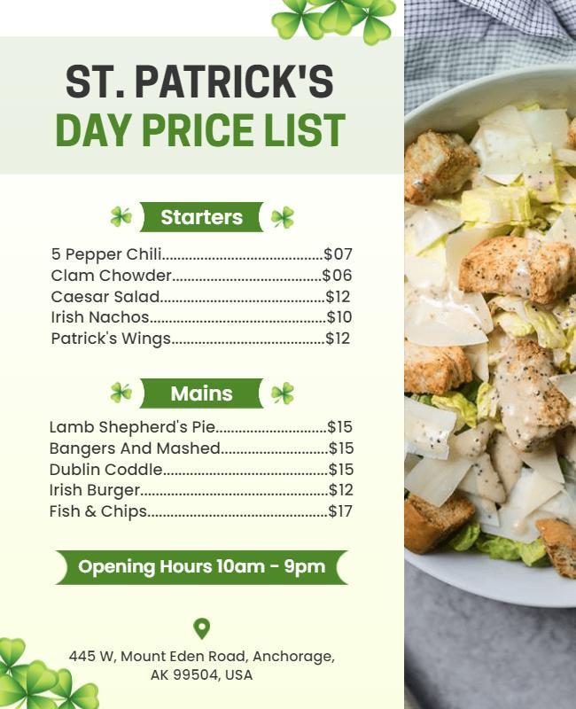 St Patricks Day Menu Flyer Template