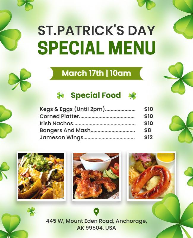 St Patricks Day Special Menu Flyer Template