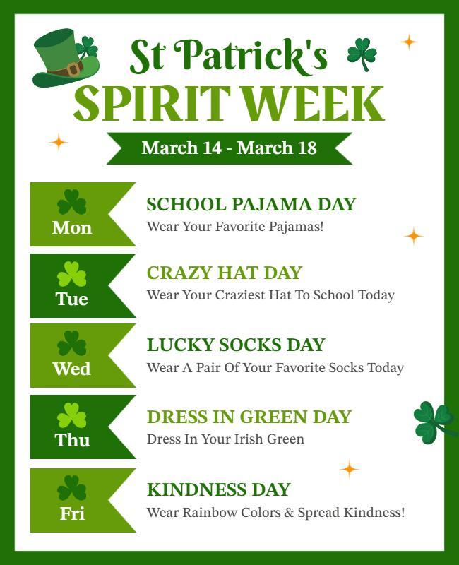 St Patricks Spirit Week Activities Flyer Template