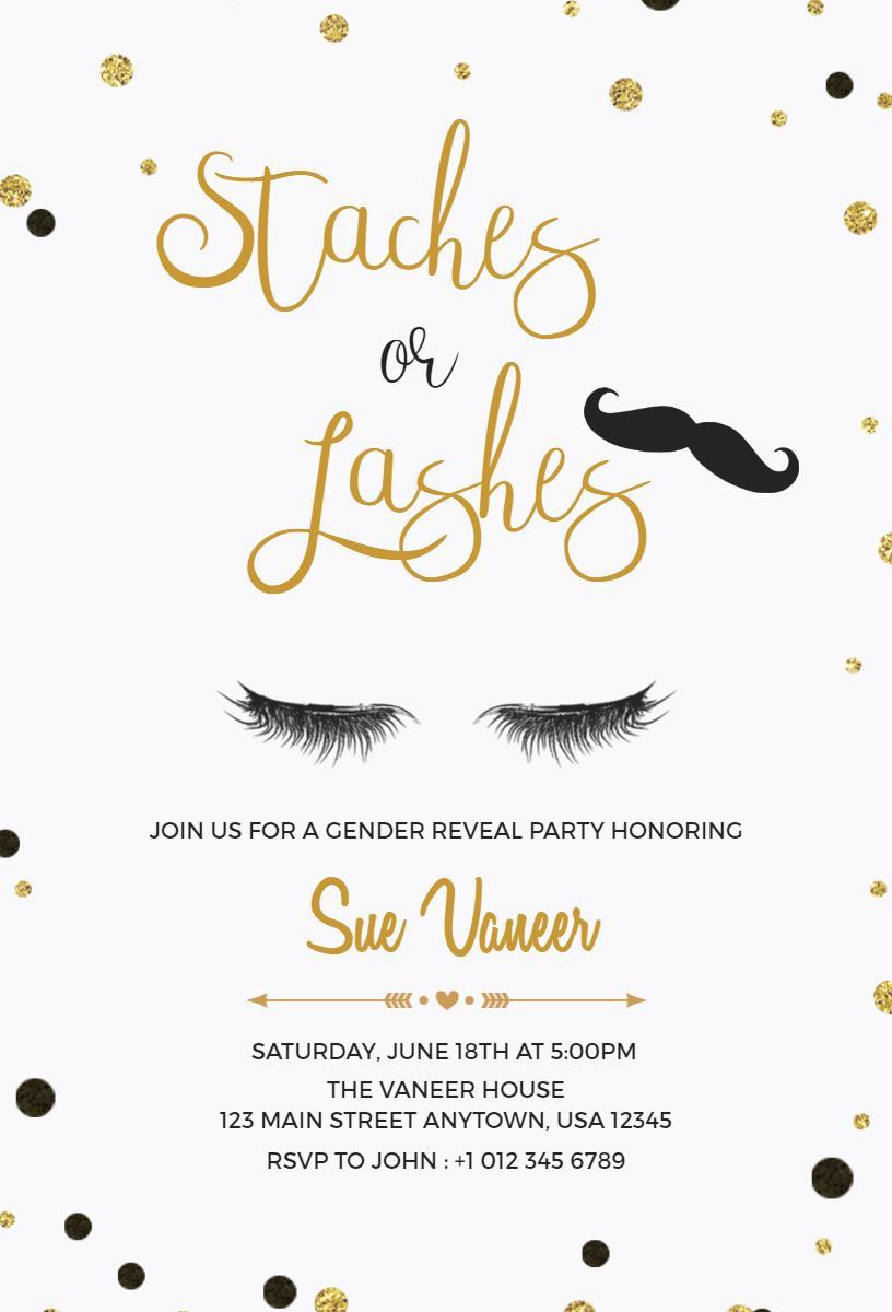 Staches or Lashes Glittery Gender Reveal Invitation Template