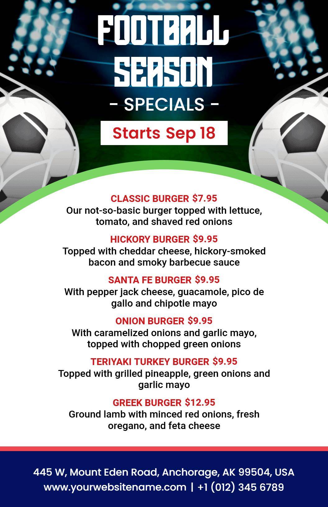 Stadium Lights Football Season Specials Menu Template