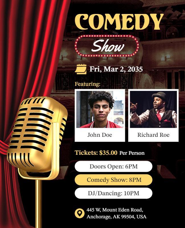 Elegant Red Comedy Show with Golden Microphone Flyer Template