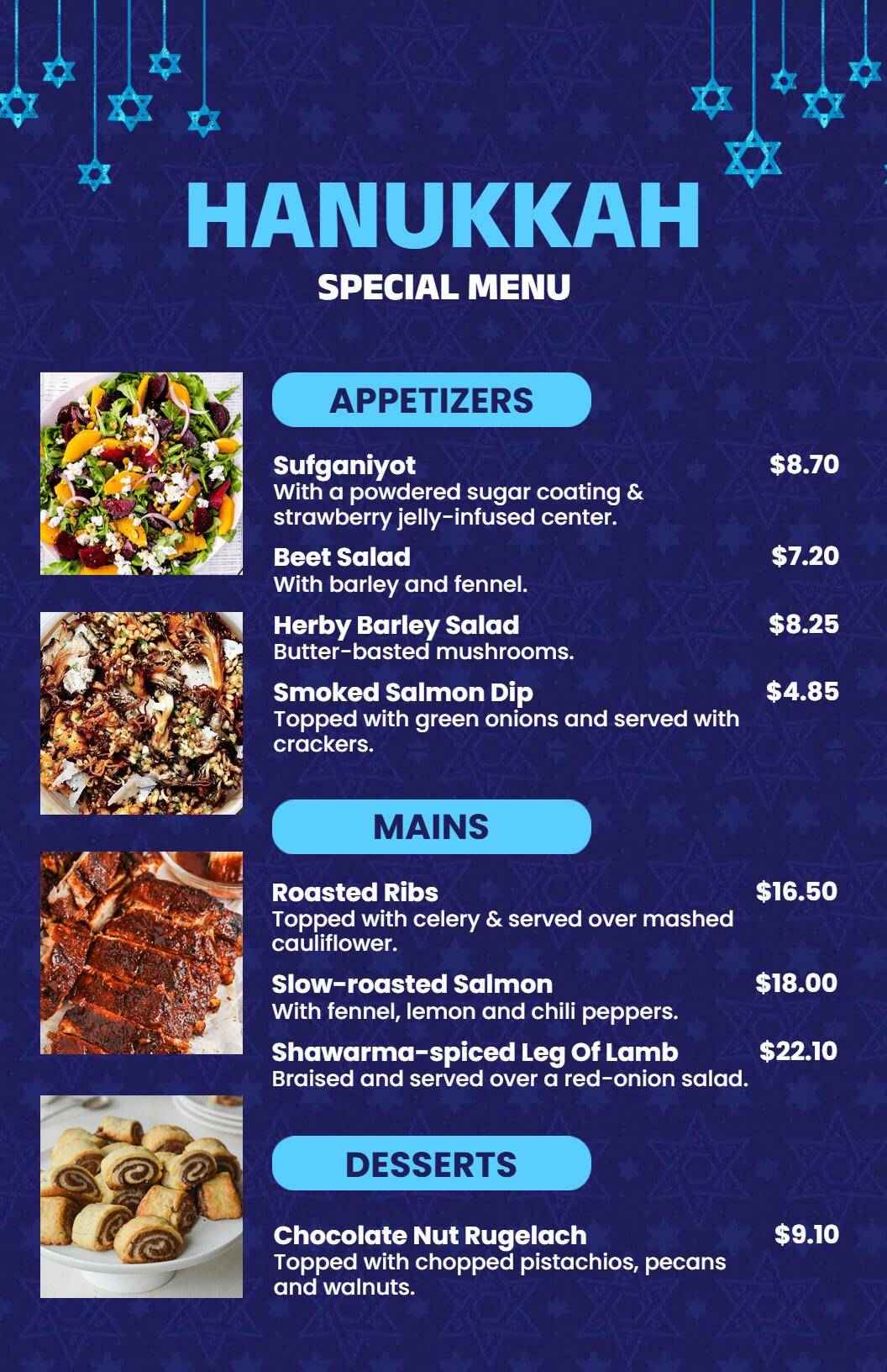 Starry Blue Hanukkah Stars Special Food Menu Template