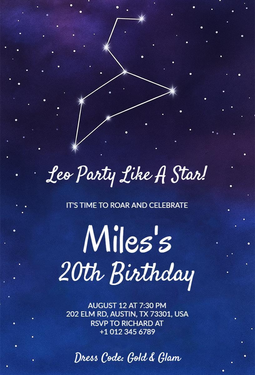 Starry Leo Zodiac Theme Birthday Celebration Invitation Template