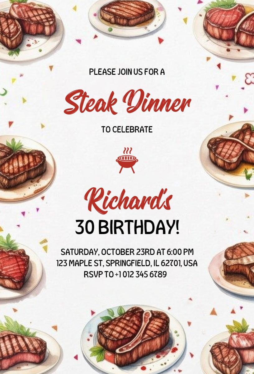 Steak Dinner Celebration 30th Birthday Invitation Template