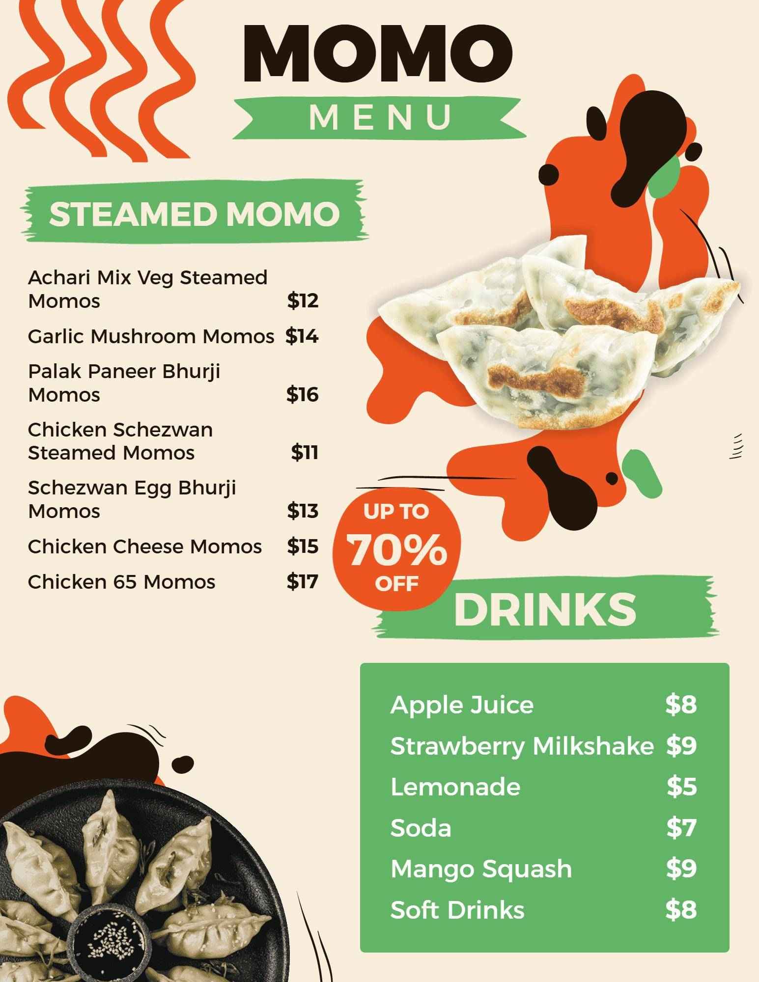 Steamed and Flavorful Dumplings with Delicious Drinks Momos Menu Template