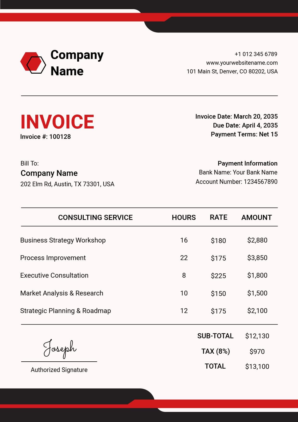 Strategic Consulting and Executive Services Billing Company Invoice Template