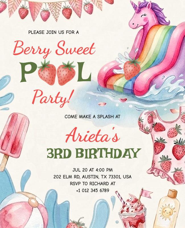 Strawberry Sweet Pool Party Birthday Invitation Flyer Template