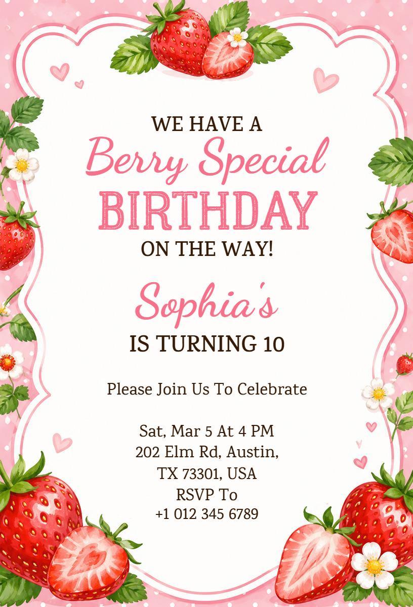 Strawberry Themed Fun Birthday Celebration Invitation Template