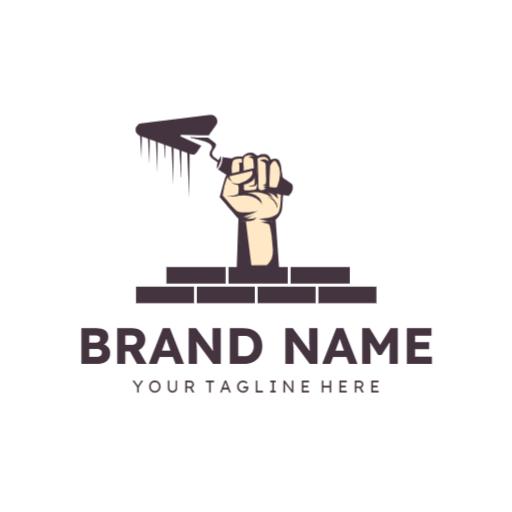 Strong Hand Holding Trowel Over Brick Wall Construction Logo Template