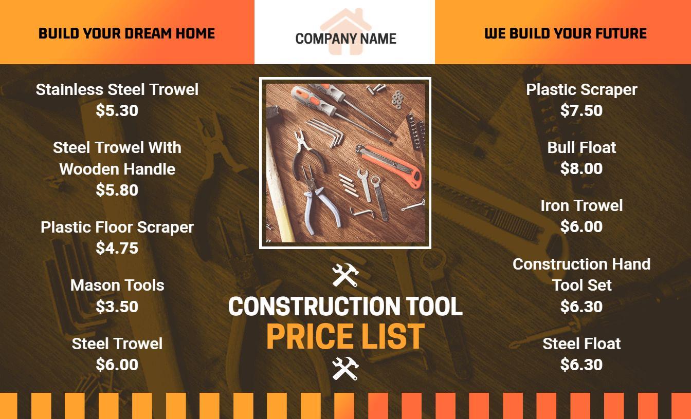 Sturdy Hand Tools and Essential Equipment Construction Tool Price List Template