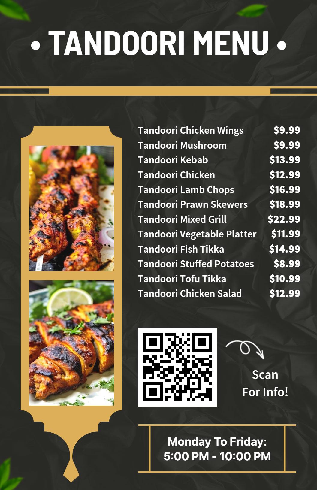 Stylish Black and Gold Tandoori Grill Menu Template