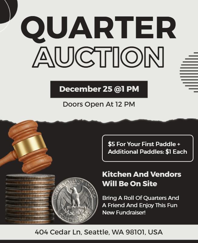 Stylish Black and White Fundraising Quarter Auction Flyer Template