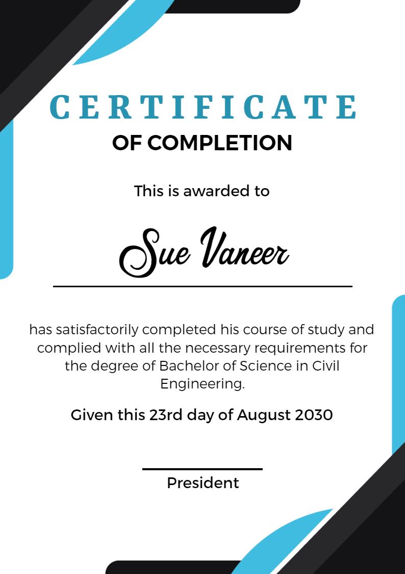 Stylish Blue and Black Completion Certificate Template