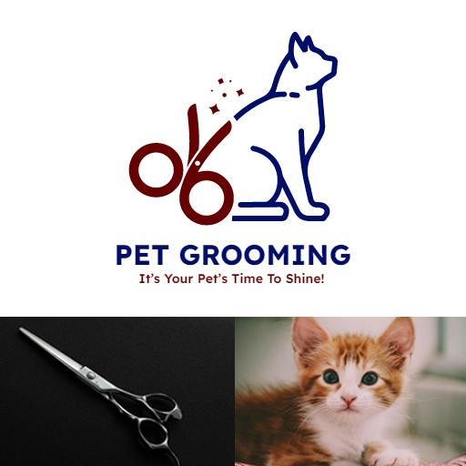 Stylish Blue and Red Pet Grooming Scissors and Cat Logo Template