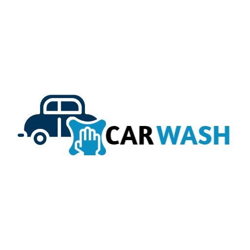 Stylish Blue Car with Hand Washing Symbol for Car Wash Logo Template