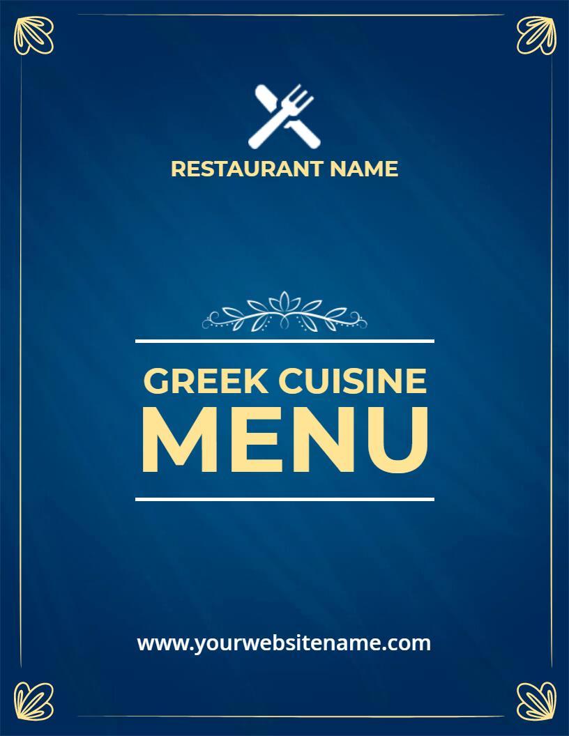 Stylish Blue Design for Authentic Greek Restaurant Menu Template