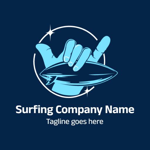 Stylish Blue Surfboard with a Hang Loose Gesture Logo Template