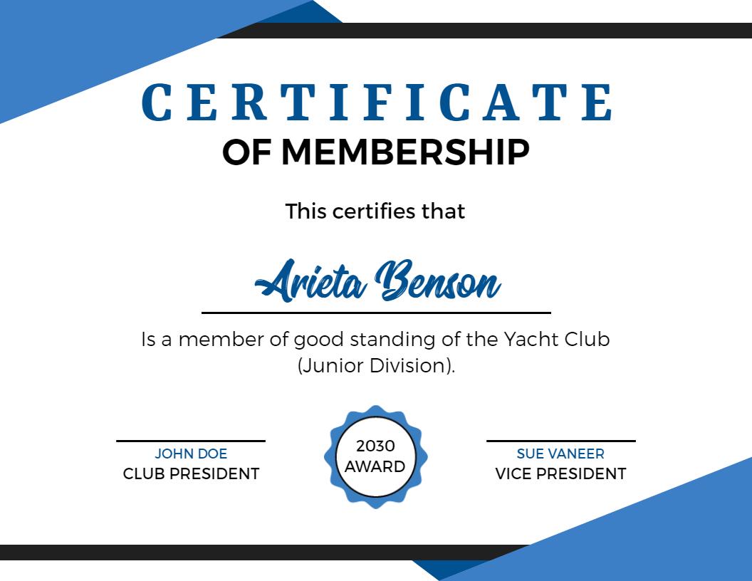 Stylish Blue Yacht Club Membership Certificate Template