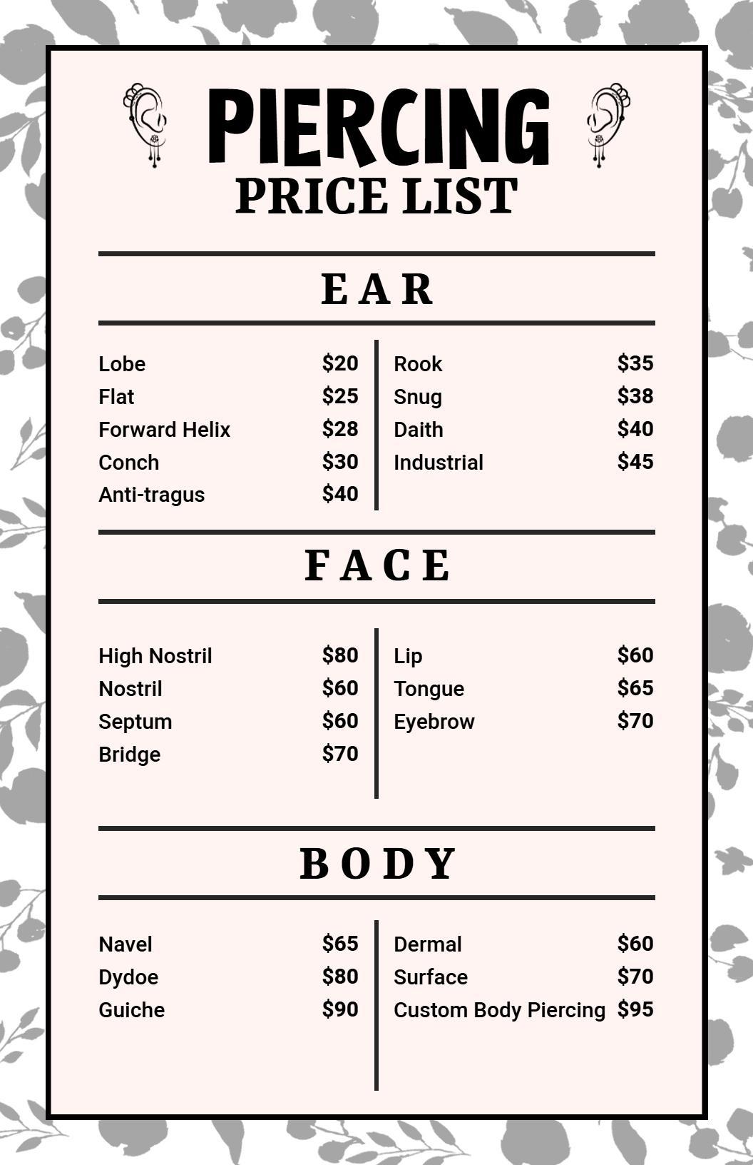 Stylish Body and Facial Piercing Selections Price List Template