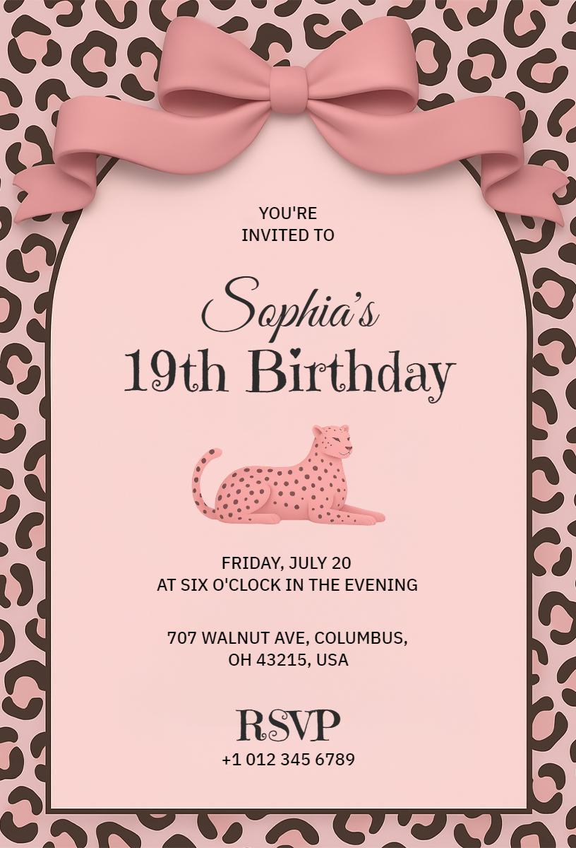 Stylish Cheetah Print 19th Birthday Celebration Invitation Template