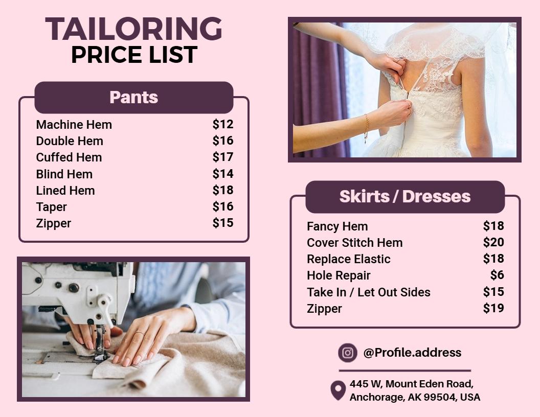 Stylish Dress and Pant Tailoring Price List Template