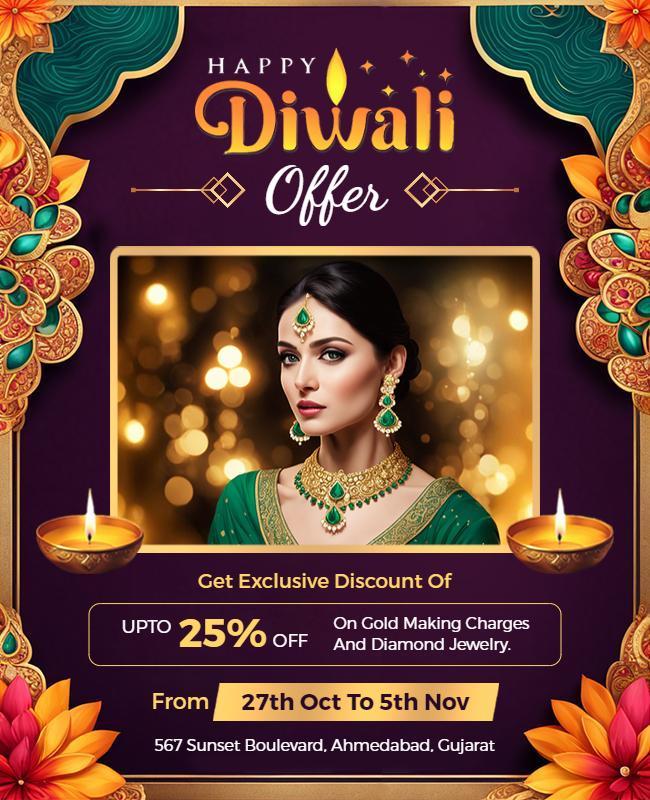 Stylish Gold and Green Diwali Jewelry Offer Poster Template